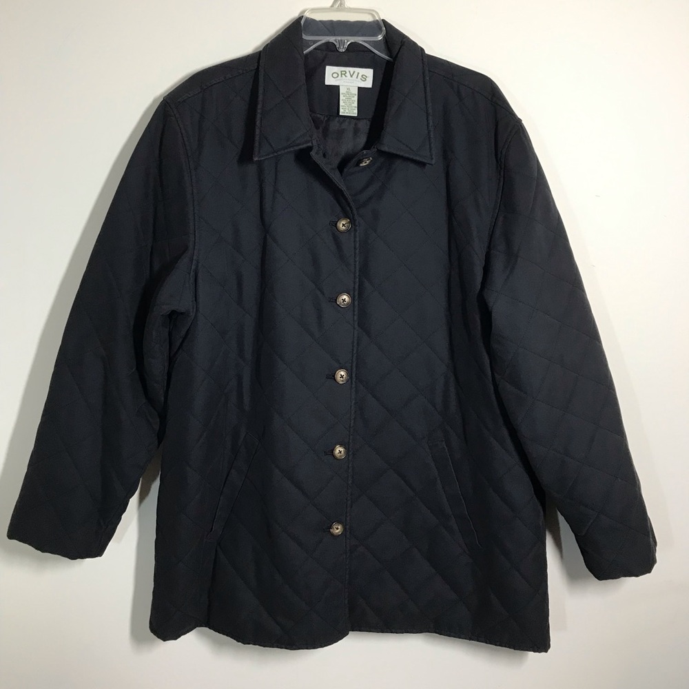 ORVIS XL Quilted Coat Jacket Black Button Front Lined Pockets
